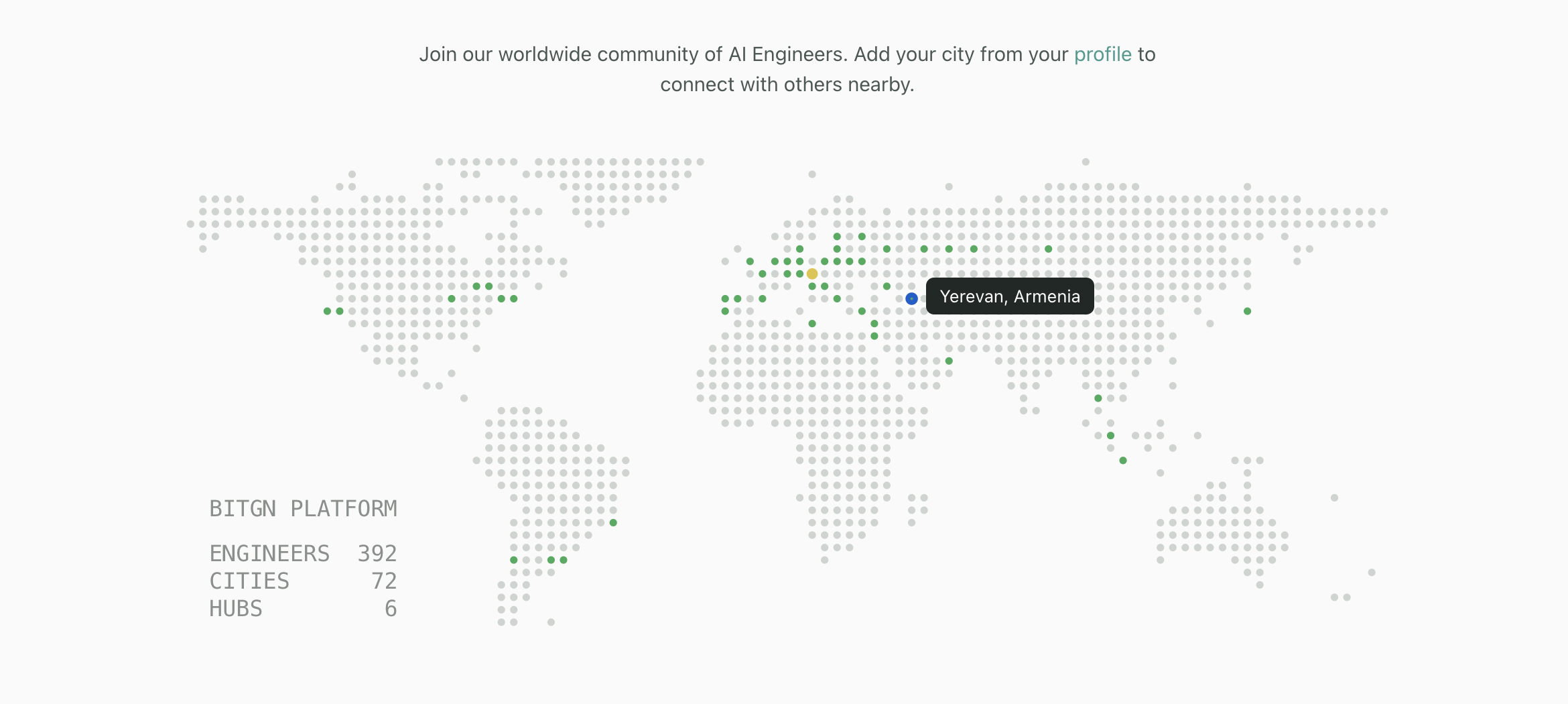 BitGn worldwide AI engineering community map highlighting Yerevan, Armenia