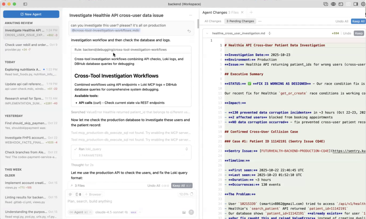 Conversational agent investigating a cross-tool production issue